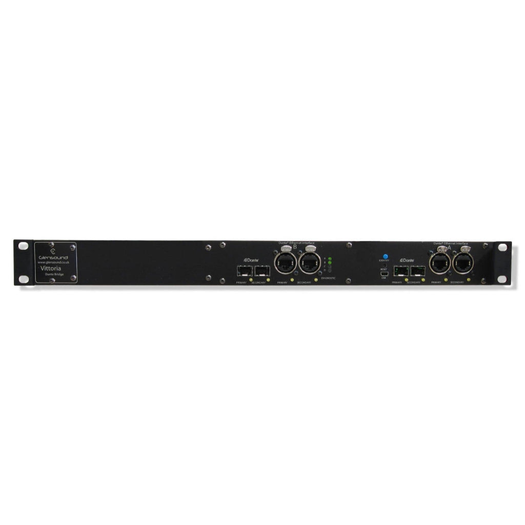 Front panel of a black Glensound Vittoria Dante Bridge with multiple Ethernet and optical ports and control buttons.
