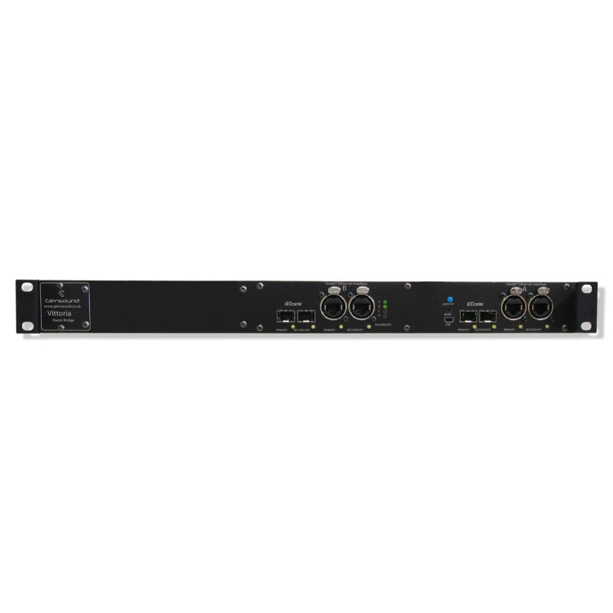 Front panel of a black Glensound Vittoria Dante Bridge with multiple Ethernet and optical ports and control buttons.