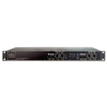 Black rackmount audio network interface device with Ethernet, fiber optic, and USB ports on front panel.