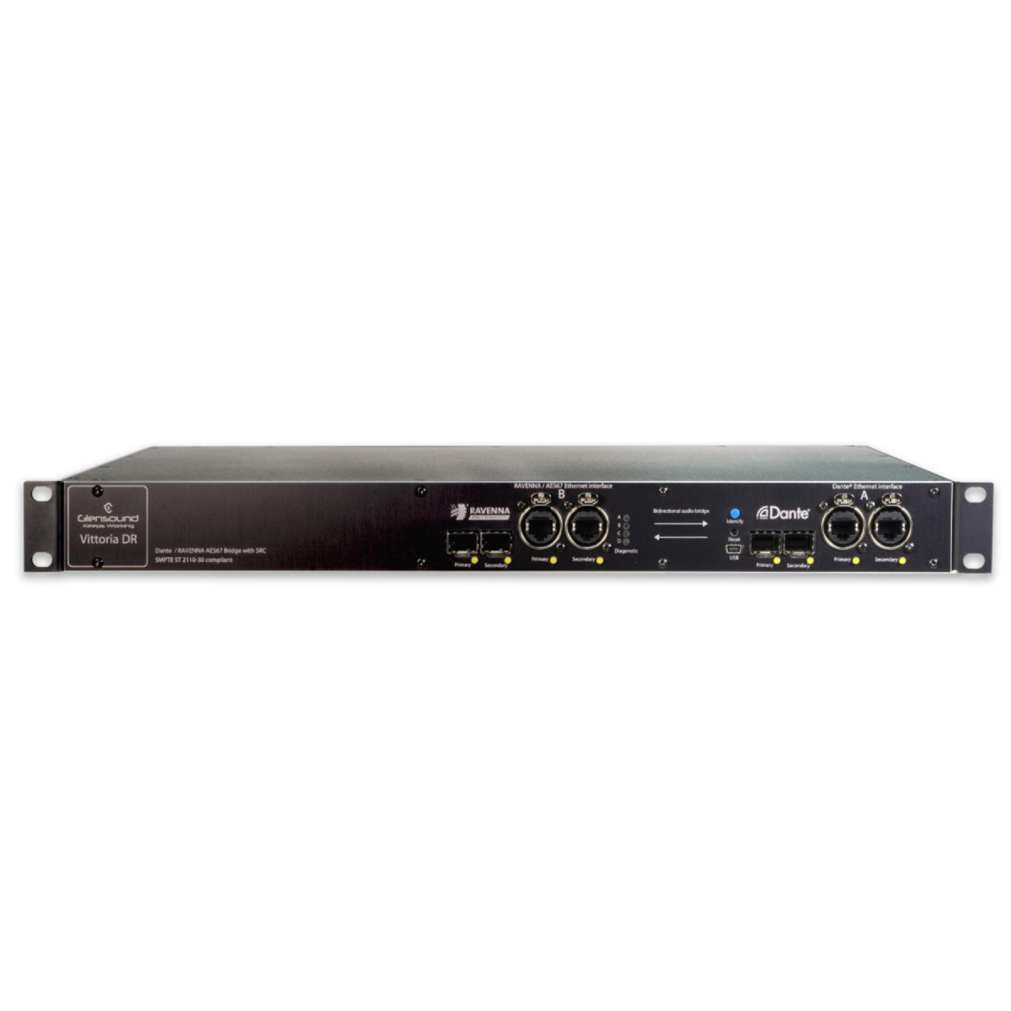 Black rackmount audio network interface device with Ethernet, fiber optic, and USB ports on front panel.