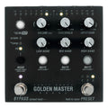 Black audio effects pedal with knobs, footswitches, and labeled controls including volume, threshold, input gain, and EQ bands.