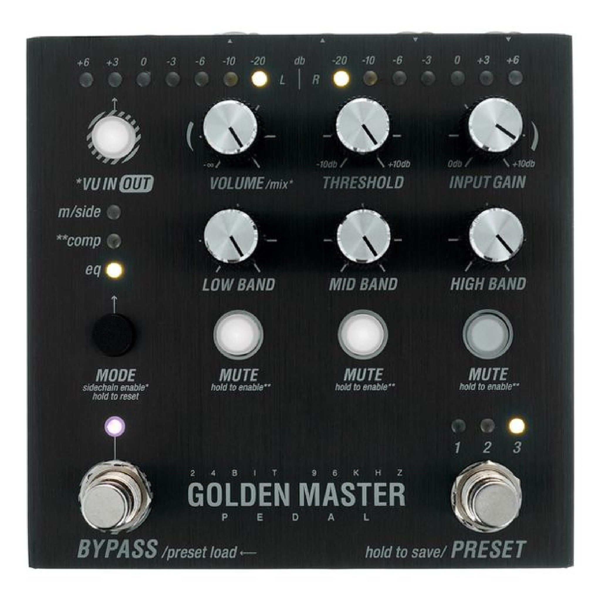 Black audio effects pedal with knobs, footswitches, and labeled controls including volume, threshold, input gain, and EQ bands.