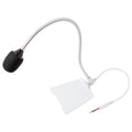 White clip microphone with a flexible silver gooseneck and a black foam windscreen attached to a 3.5mm TRS connector cable.