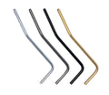 Four metal tremolo arms in silver, dark gray, black, and gold colors.