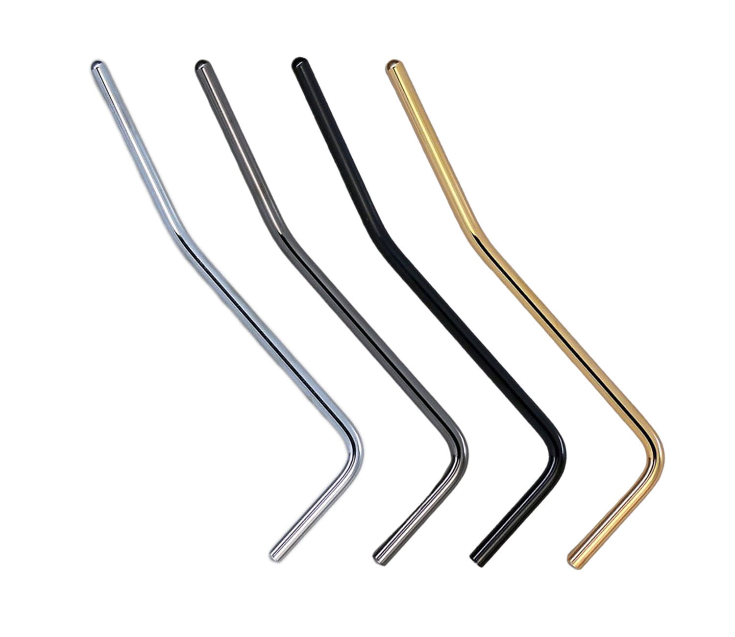 Four metal tremolo arms in silver, dark gray, black, and gold colors.