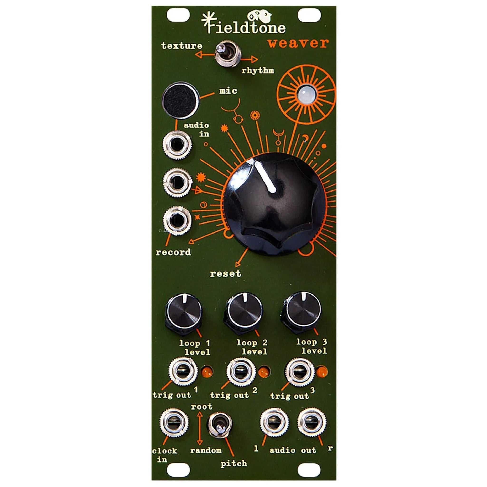 Fieldtone Weaver modular audio sampler module with multiple knobs, switches, and audio jacks on a green panel.