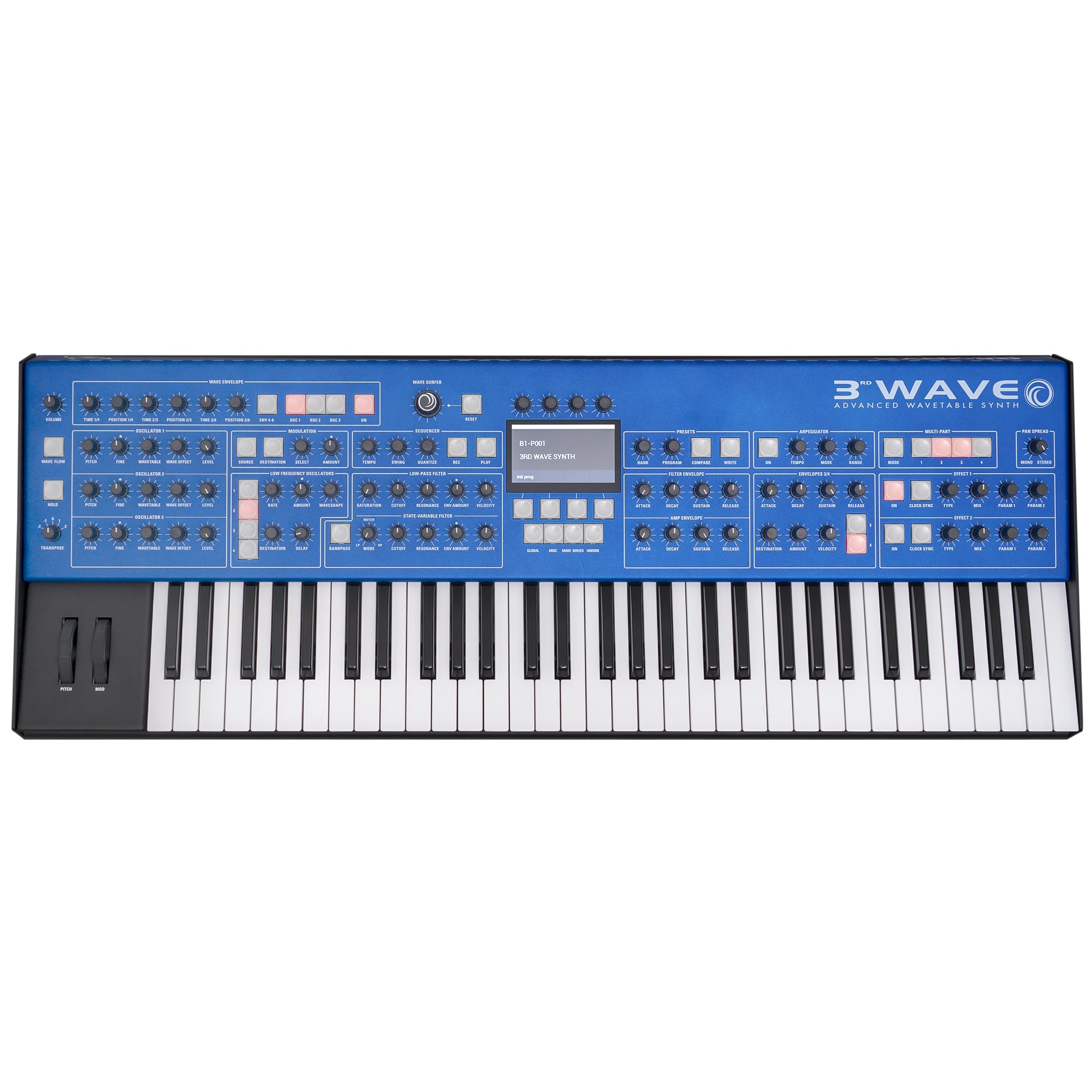 Blue 61-key synthesizer keyboard with multiple knobs, buttons, pitch/mod wheels, and a display screen.