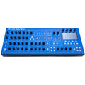 Blue desktop synthesizer module with multiple knobs, buttons, and a display screen showing waveform editing.