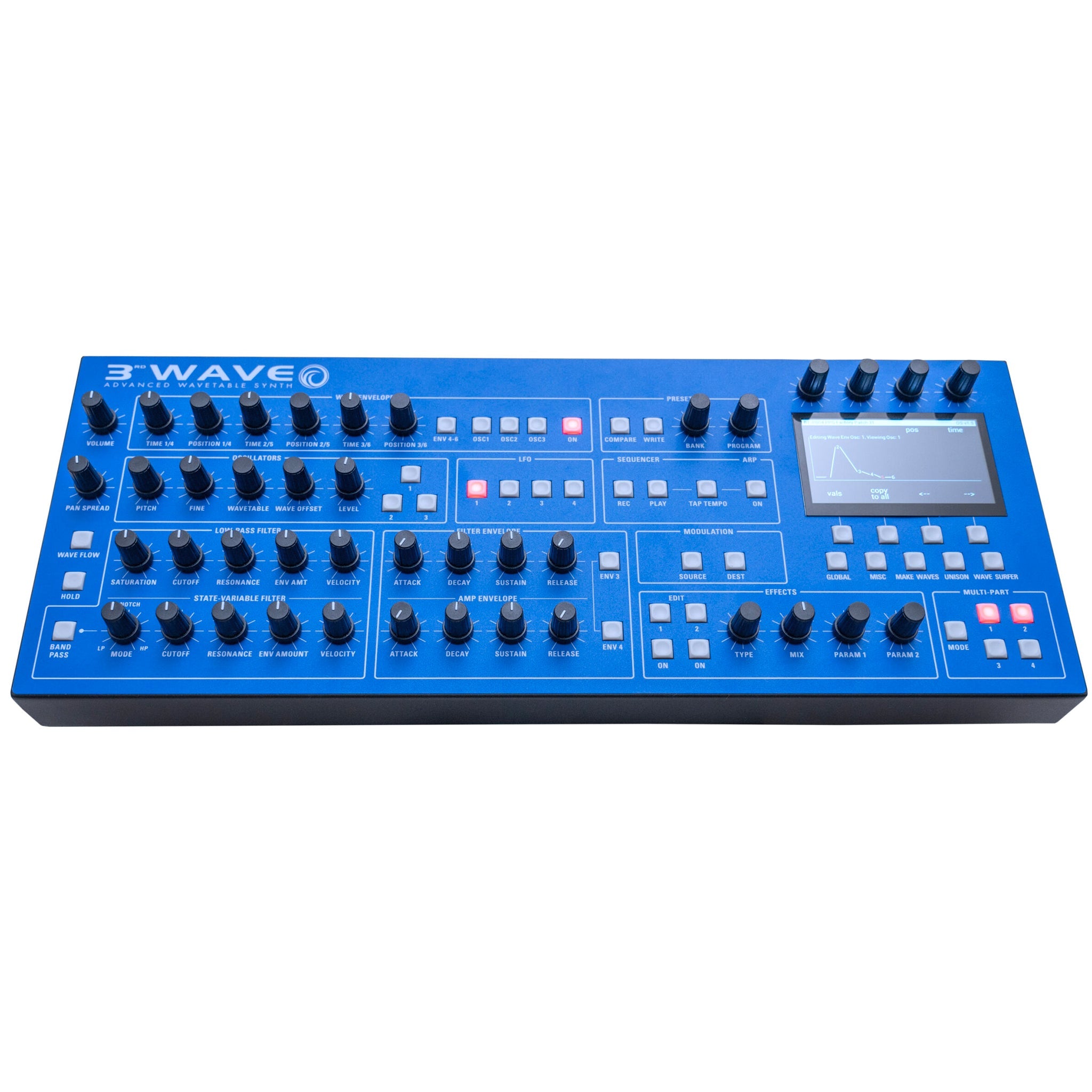 Blue desktop synthesizer module with multiple knobs, buttons, and a display screen showing waveform editing.
