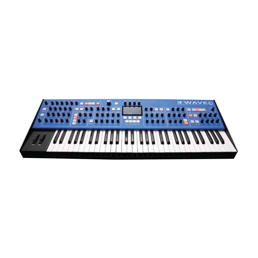Blue synthesizer keyboard with multiple knobs, buttons, pitch and modulation wheels, and a display screen.