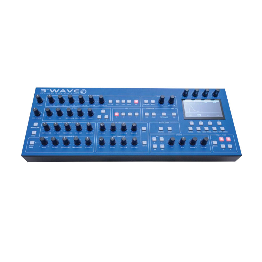 Blue synthesizer with multiple rotary knobs, buttons, and a touchscreen display.