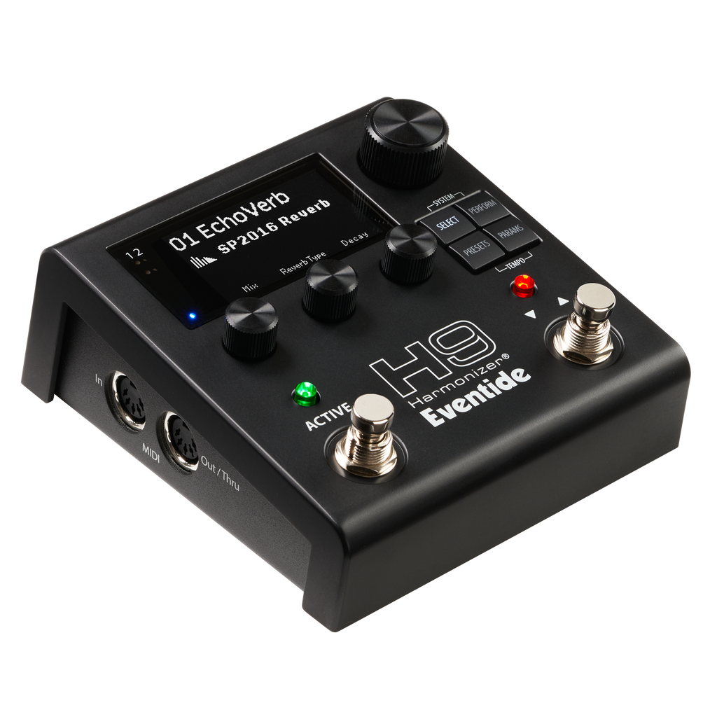 Black Eventide H9 Harmonizer pedal with knobs, buttons, two footswitches, and two MIDI ports shown from angled top view.