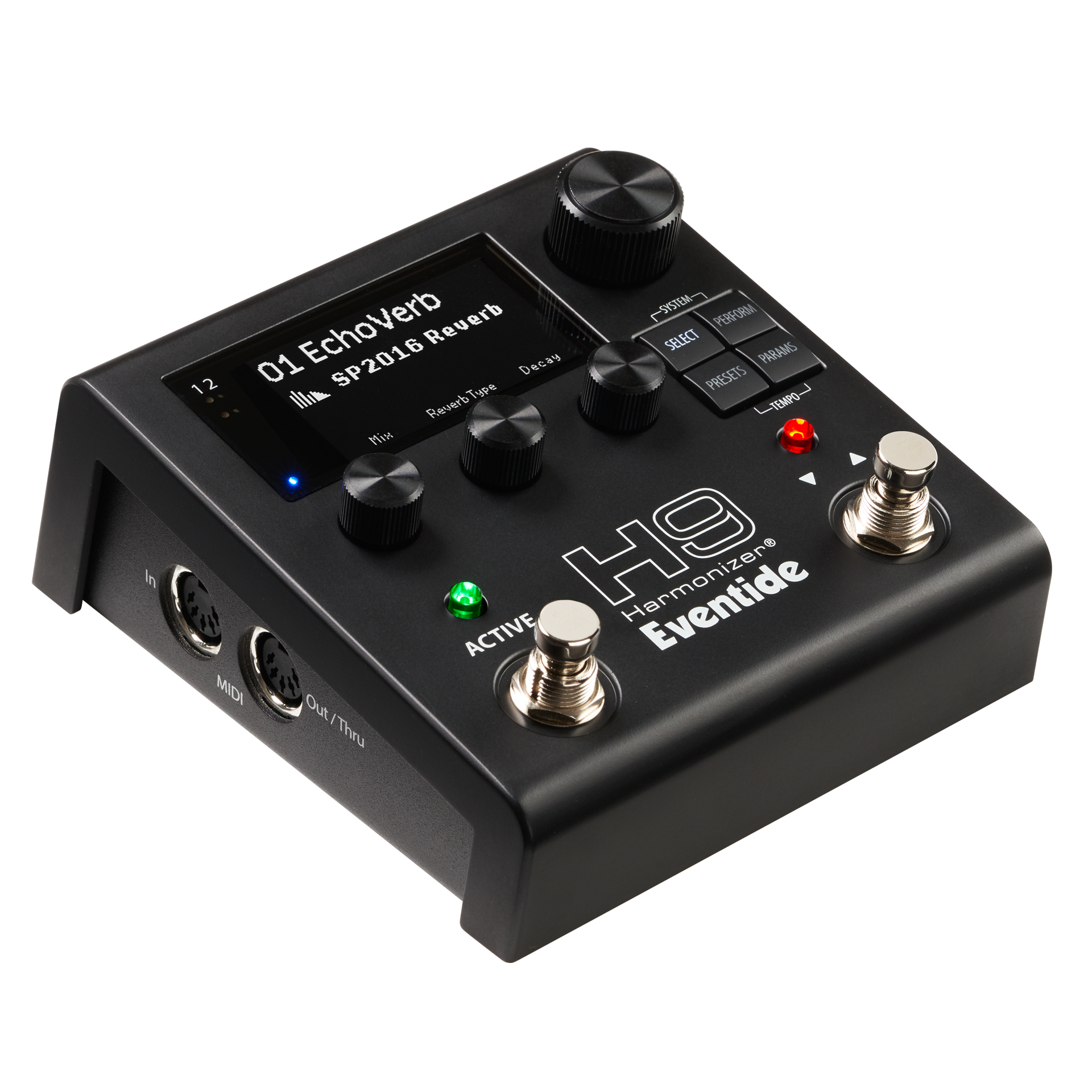 Black Eventide H9 Harmonizer pedal with knobs, buttons, two footswitches, and two MIDI ports shown from angled top view.