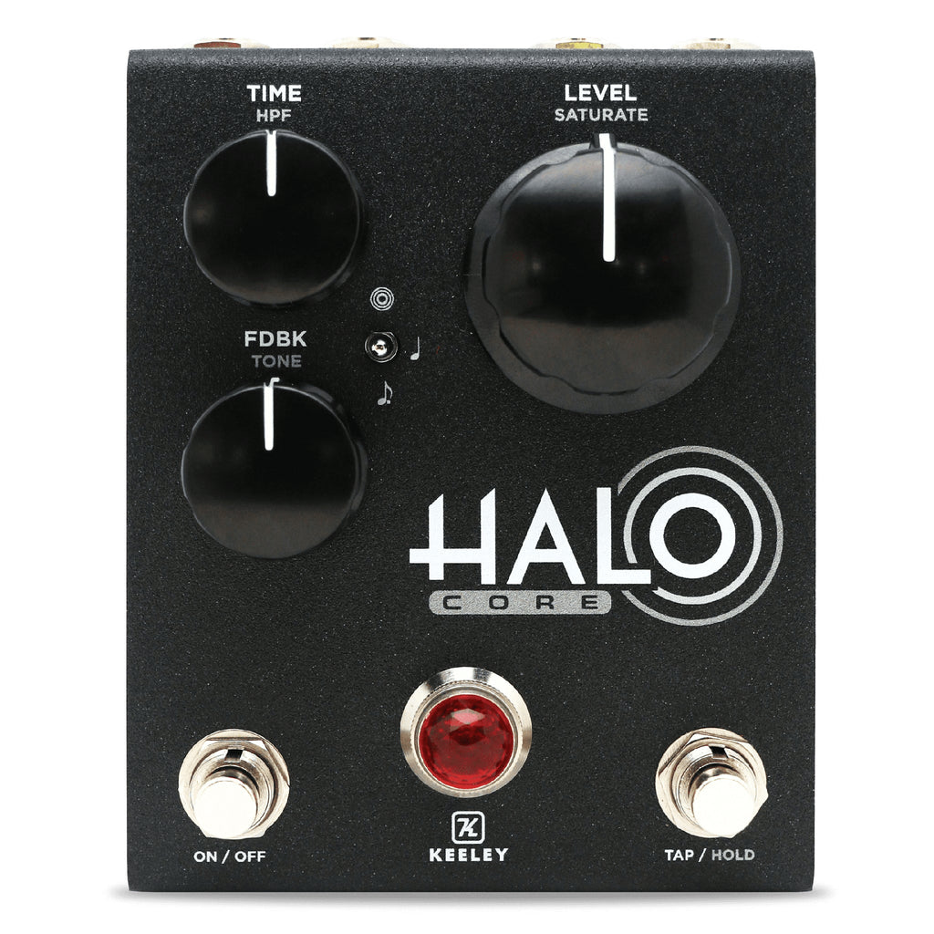 Black guitar effects pedal with three knobs, two footswitches, two jacks, and red LED indicator labeled Halo Core by Keeley.
