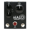 Black guitar effects pedal with three knobs, two footswitches, two jacks, and red LED indicator labeled Halo Core by Keeley.