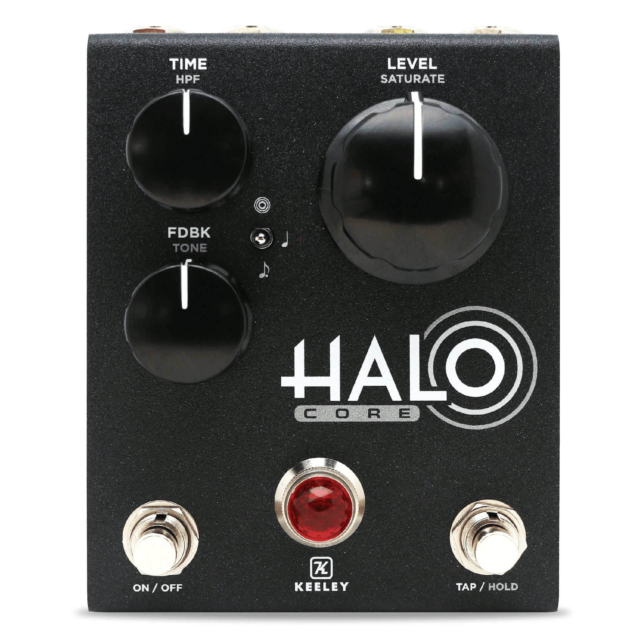 Black guitar effects pedal with three knobs, two footswitches, two jacks, and red LED indicator labeled Halo Core by Keeley.