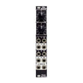 Black Eurorack module with two knobs and eight 3.5mm audio jacks labeled with L, R, MIX, and numbers.