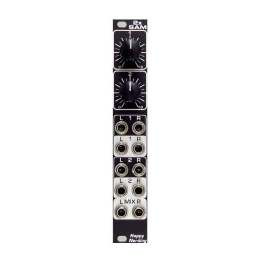 Black Eurorack module with two knobs and eight 3.5mm audio jacks labeled with L, R, MIX, and numbers.