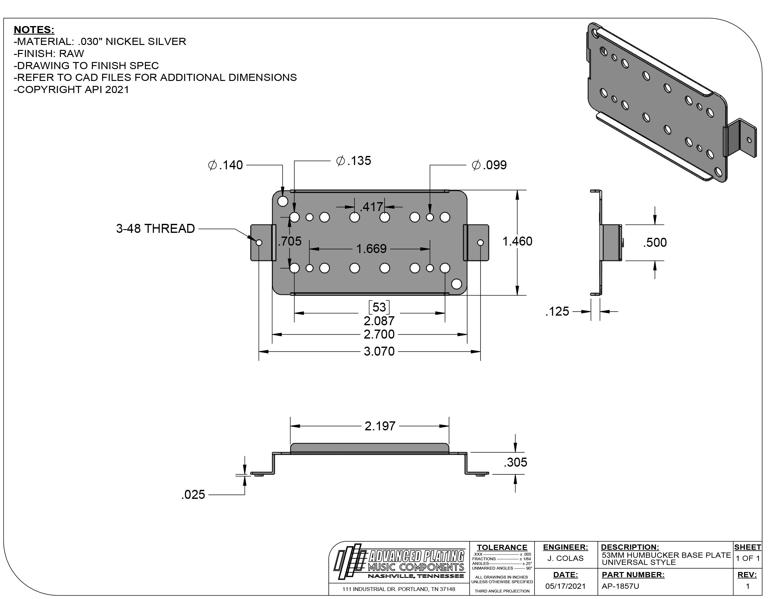 Advanced Plating 53mm Universal Pickup Baseplate – P.A.F. Humbucker