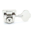 Silver metallic clover key bass tuner gear with Hipshot logo on the mounting plate.