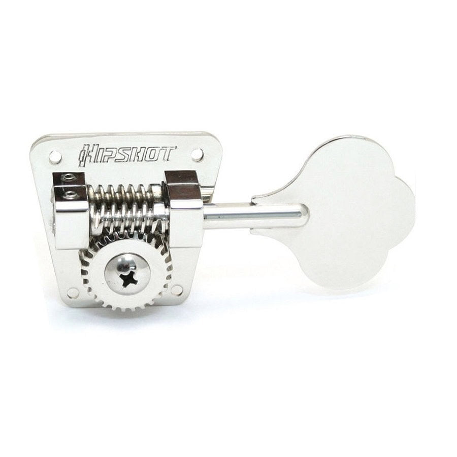 Silver metallic clover key bass tuner gear with Hipshot logo on the mounting plate.