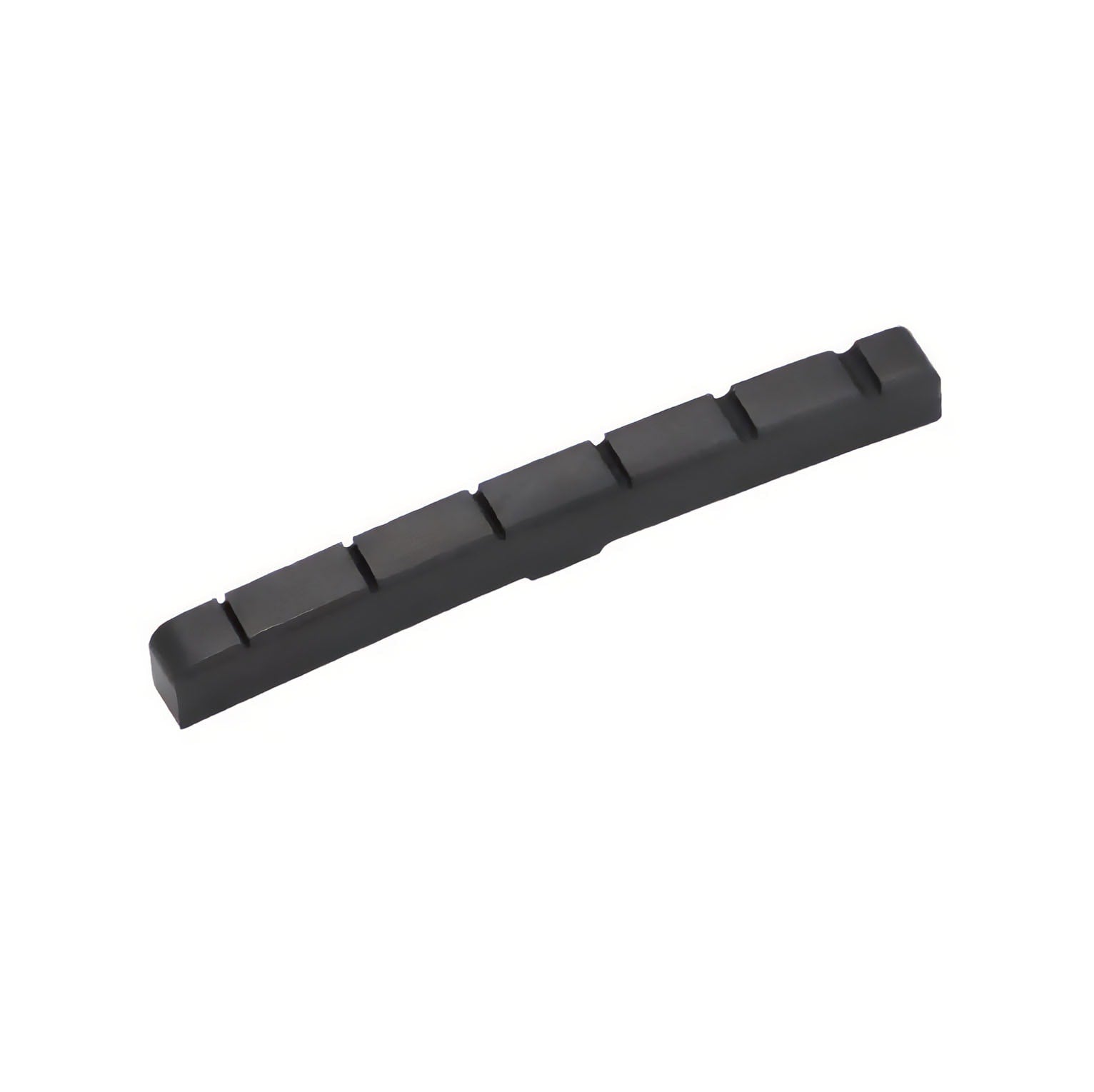 Black slotted electric guitar nut shaped for Fender style guitars.