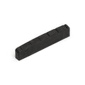 Black rectangular guitar nut with six string slots on a white background.