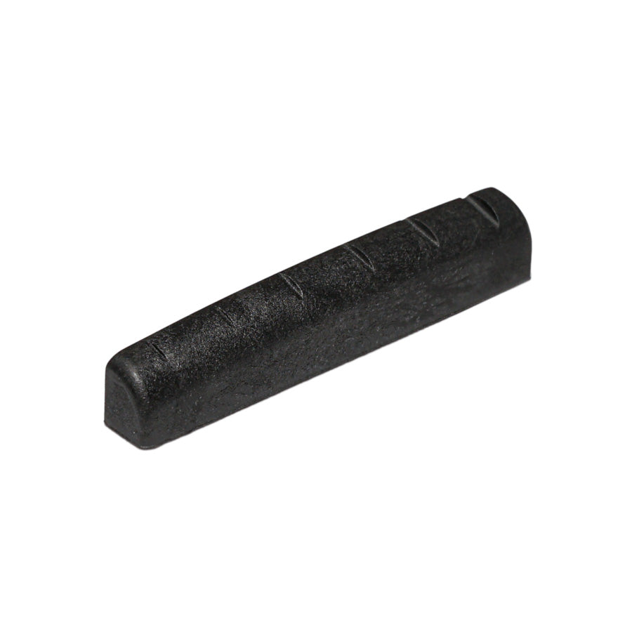 Black carbon composite guitar nut with string slots.