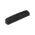 A small black guitar nut with six string slots visible, isolated on a white background.