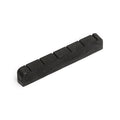 Black classical shaped carbon nut with six string slots for a stringed instrument.