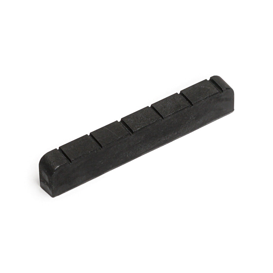 Black classical shaped carbon nut with six string slots for a stringed instrument.