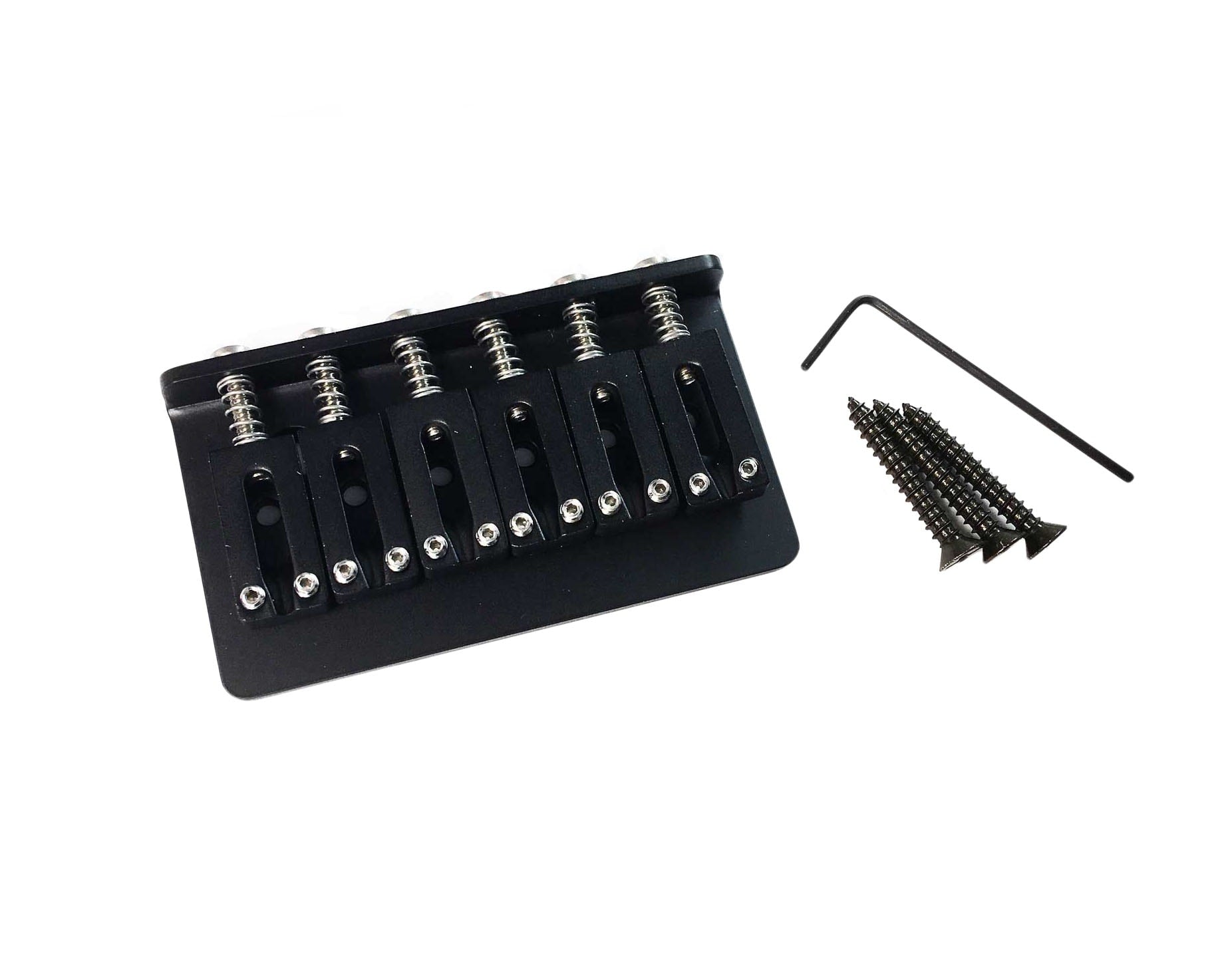 Black six-string guitar bridge with four black screws and a black Allen wrench on a white background.
