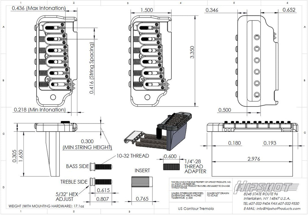Hipshot 42100V 6 String Contour Tremolo Guitar Bridge