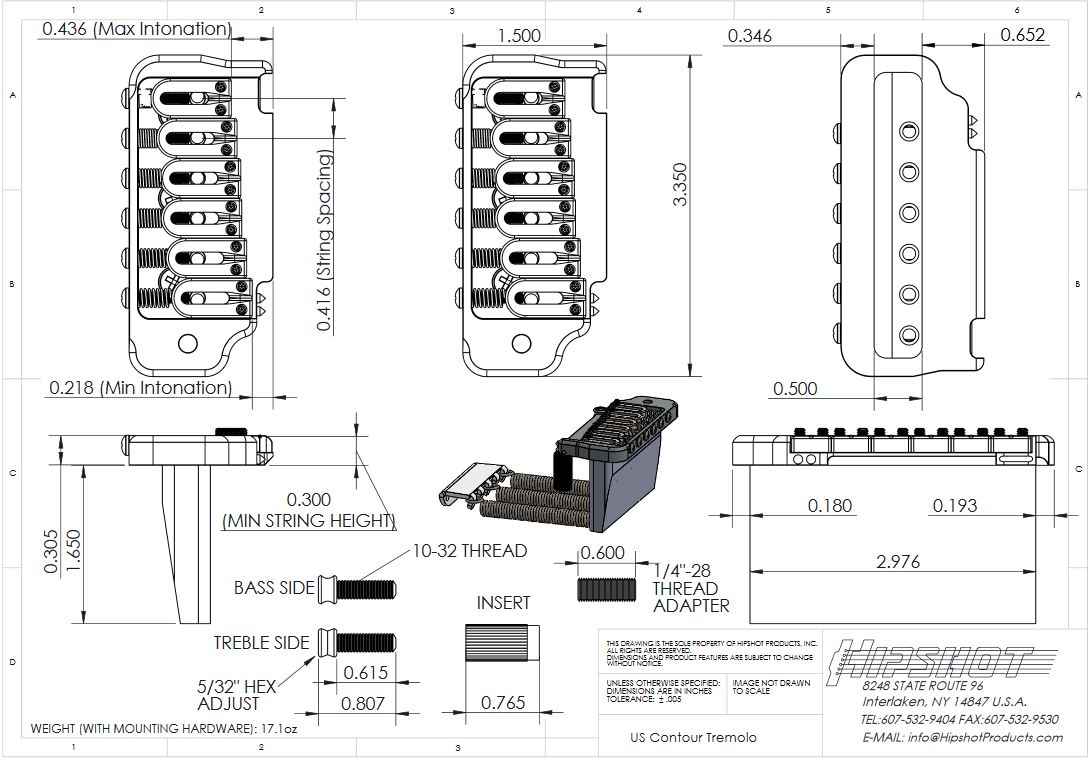 Hipshot 42100V 6 String Contour Tremolo Guitar Bridge