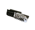 Metal guitar bridge part with six string saddles and adjustment screws in black and silver finish.