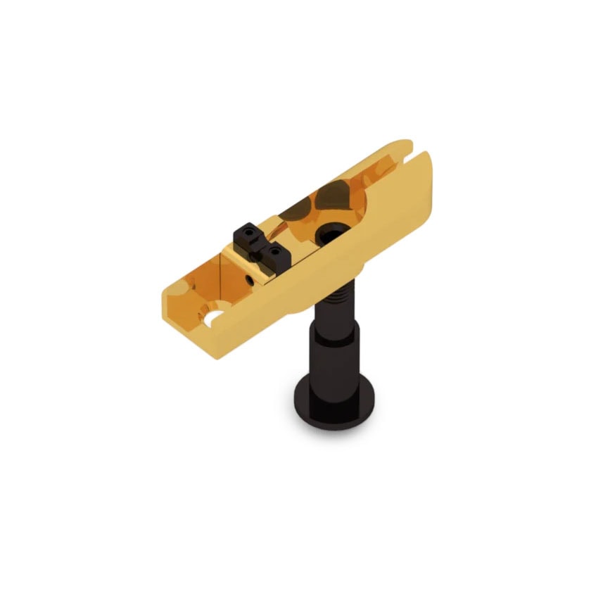 Gold-colored metal single string bass bridge saddle with two black screws and a black screw post.