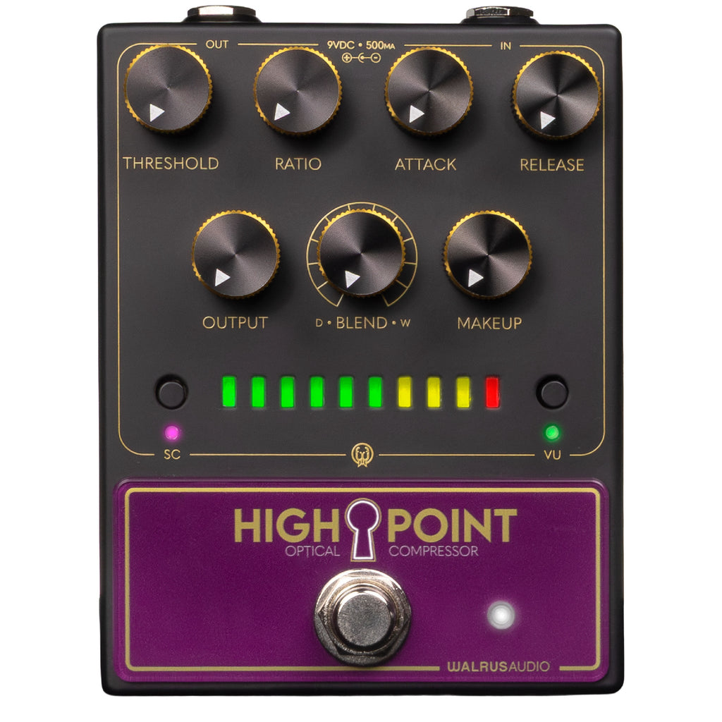 Black and purple guitar compressor pedal with seven control knobs, LED meter, footswitch, and input/output jacks.