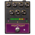 Black and purple guitar compressor pedal with seven control knobs, LED meter, footswitch, and input/output jacks.