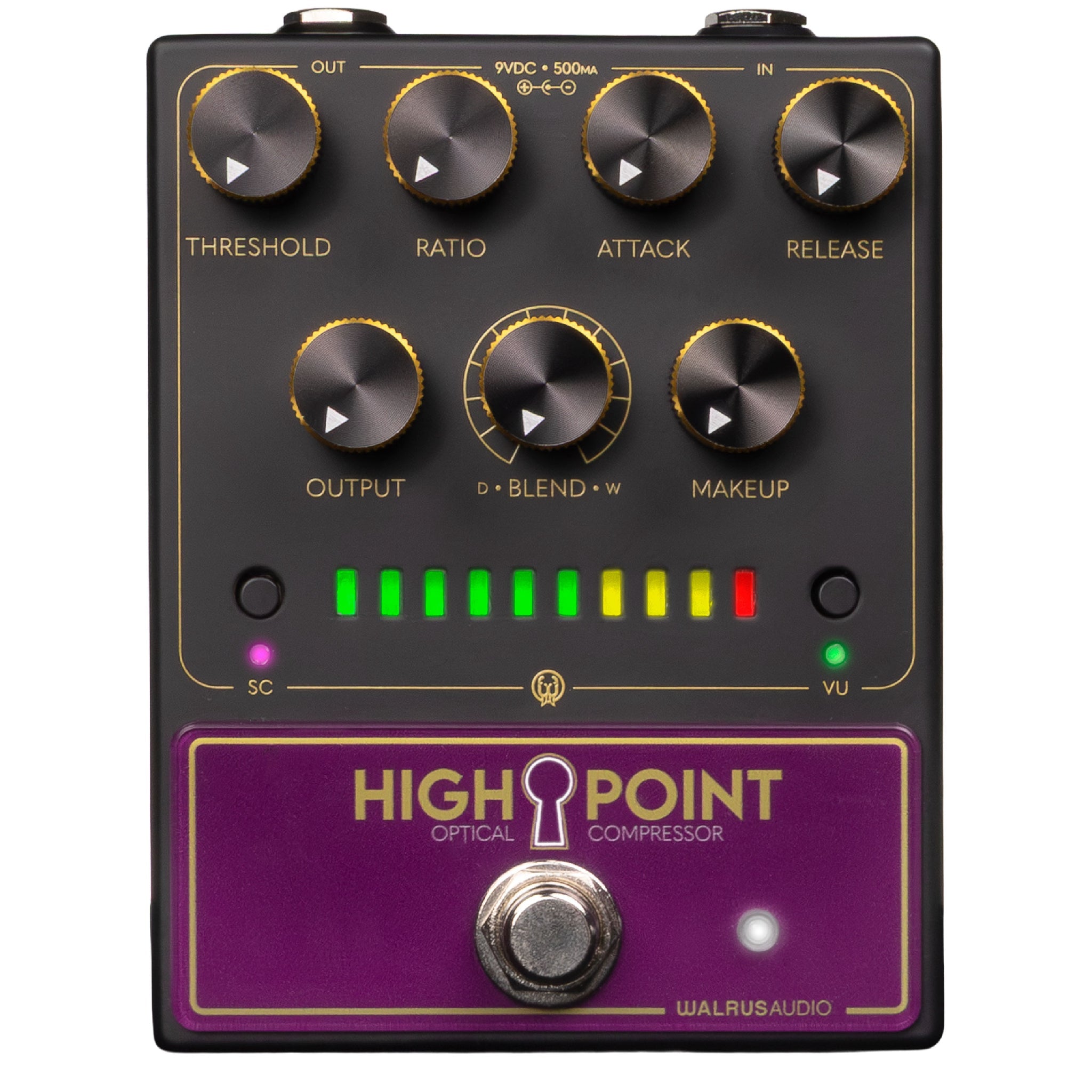 Black and purple guitar compressor pedal with seven control knobs, LED meter, footswitch, and input/output jacks.