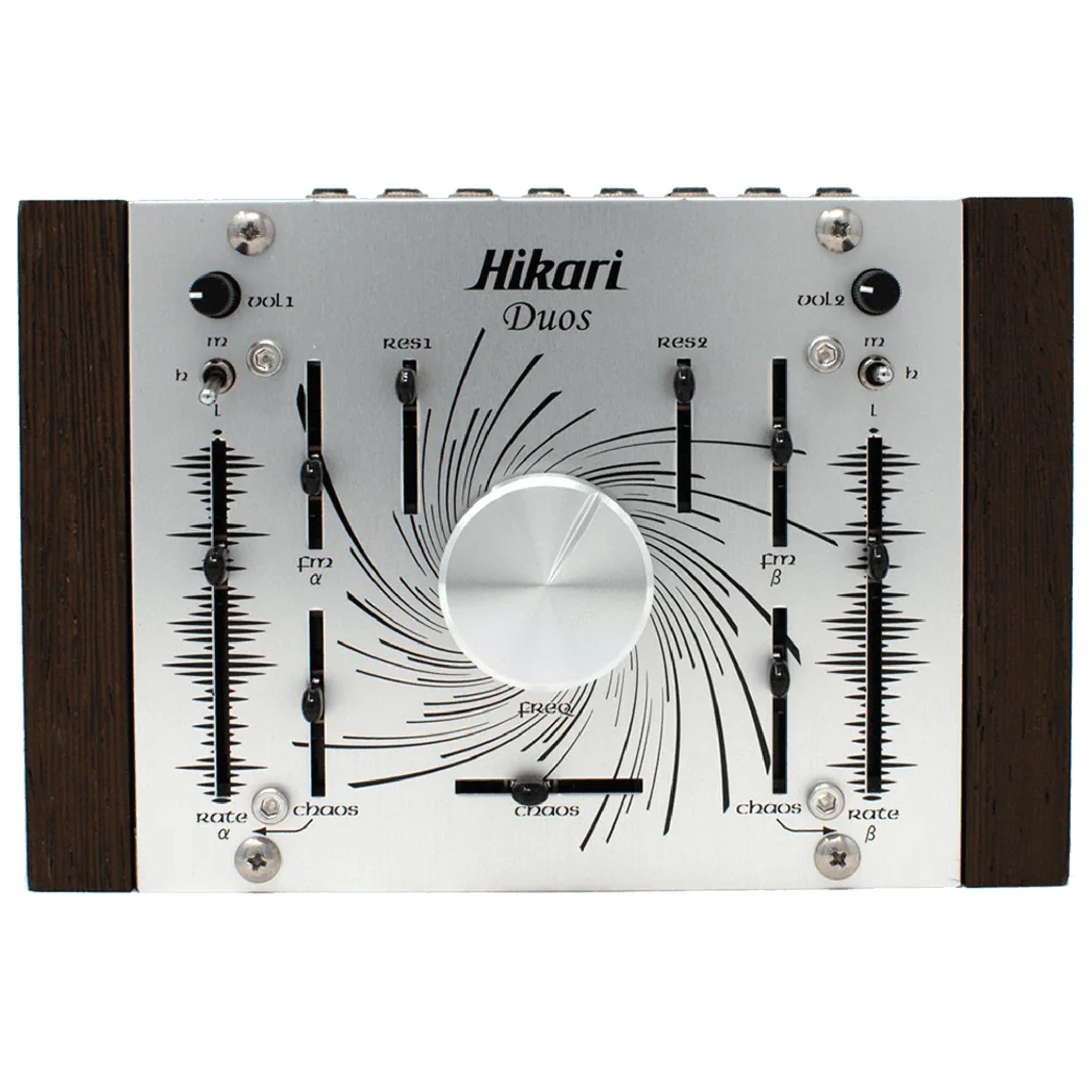 Top view of Hikari Duos synthesizer with multiple knobs, sliders, and switches on a silver metal panel with wooden sides.