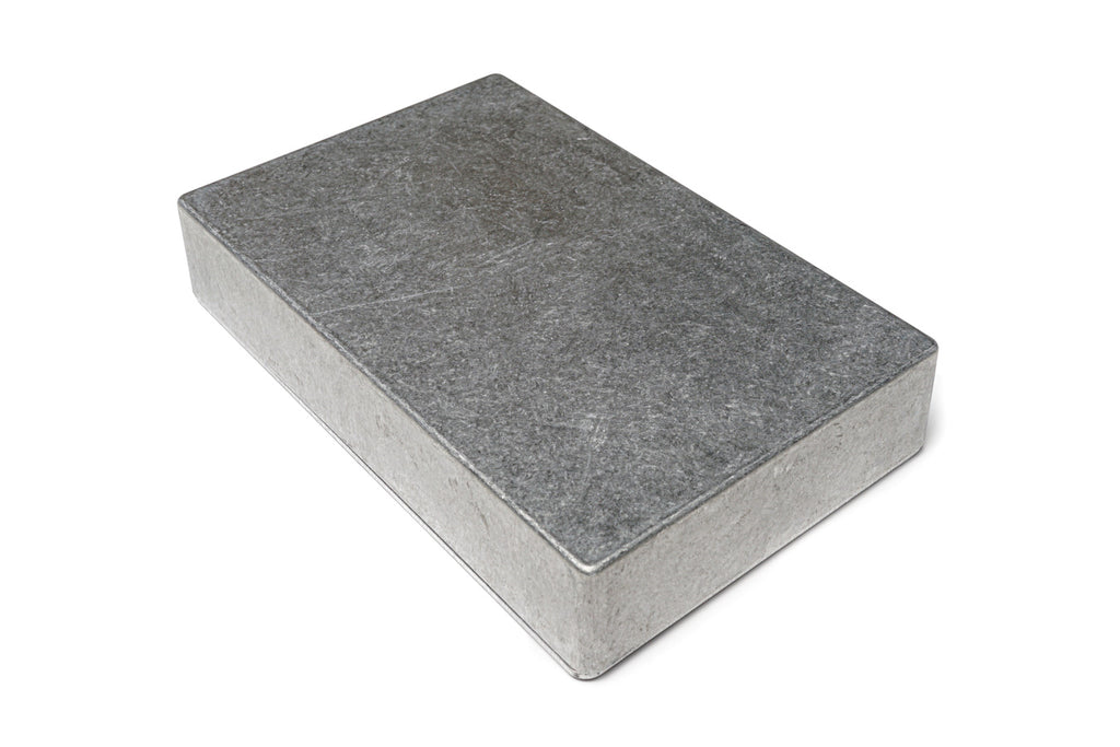 Rectangular gray metal enclosure box with a textured surface, shown at an angled top view.