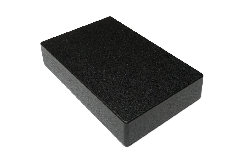 Black large rectangular metal pedal enclosure with rounded corners on a white background.