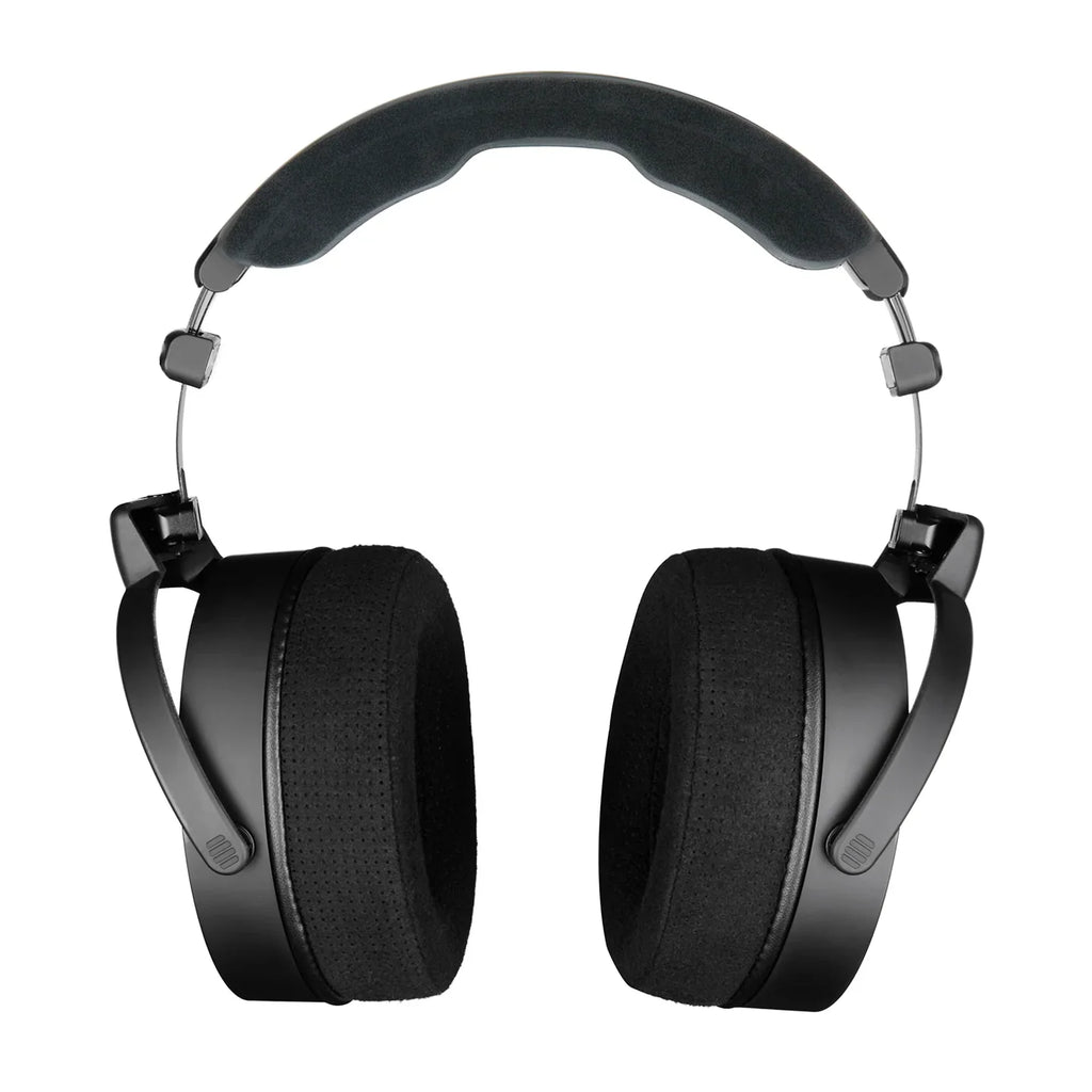 Black over-ear headphones with large padded ear cups and a cushioned headband shown from the front