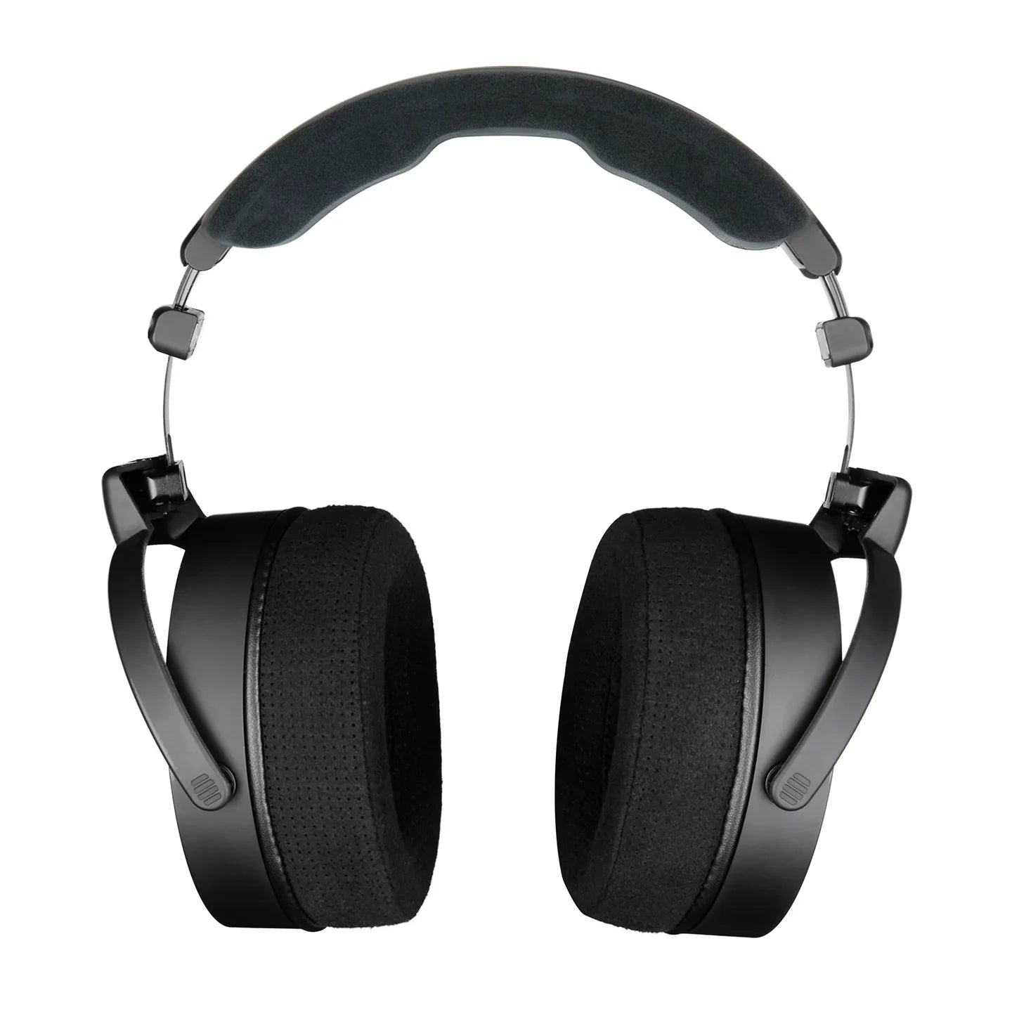 Black over-ear headphones with large padded ear cups and a cushioned headband shown from the front