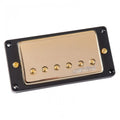 Gold metal guitar pickup with black plastic frame and six gold screw pole pieces with Wilkinson logo.