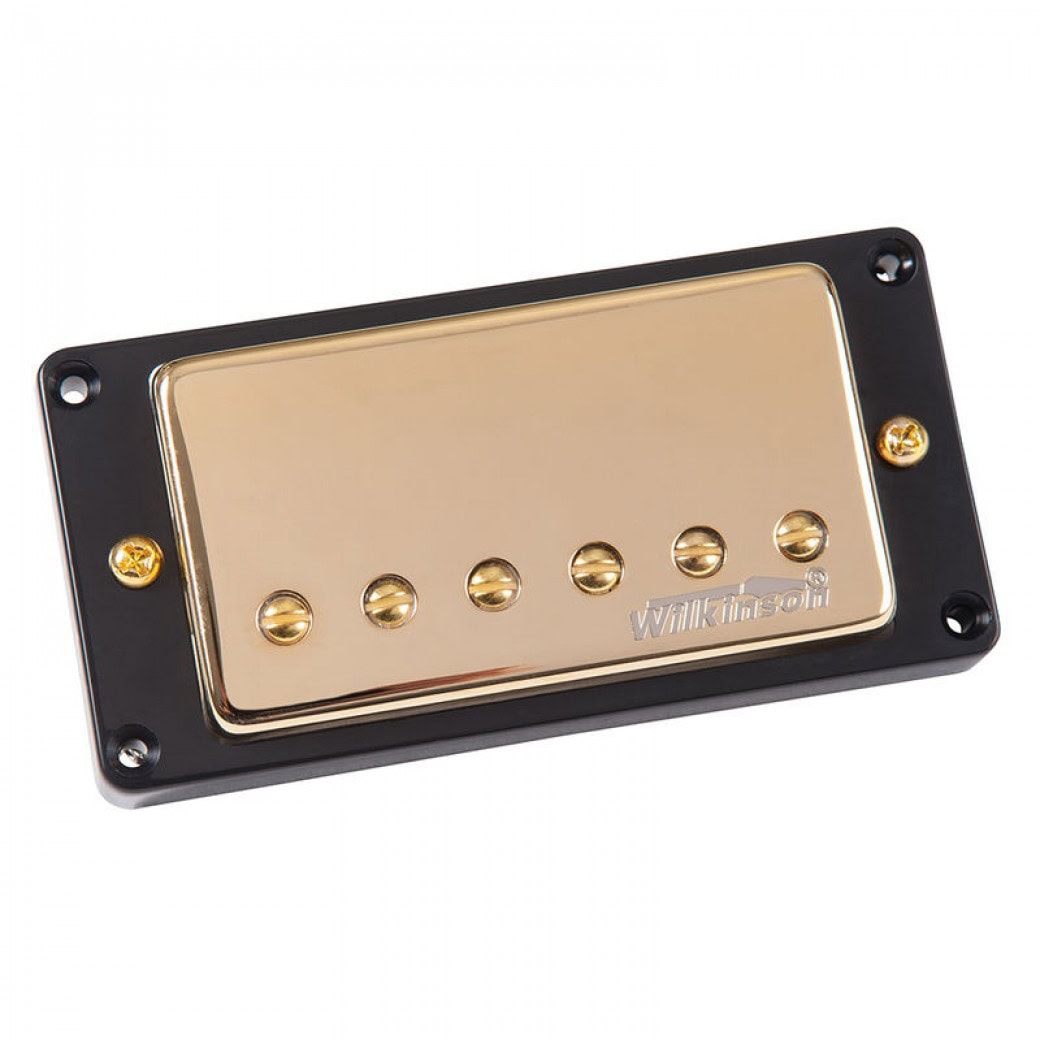 Gold metal guitar pickup with black plastic frame and six gold screw pole pieces with Wilkinson logo.