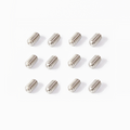 Twelve silver-colored metal set screws arranged in a grid on a white background.