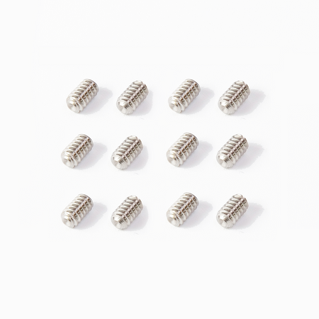 Twelve silver-colored metal set screws arranged in a grid on a white background.