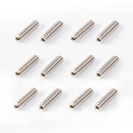 Set of 12 silver-colored socket head screws arranged on a white background.