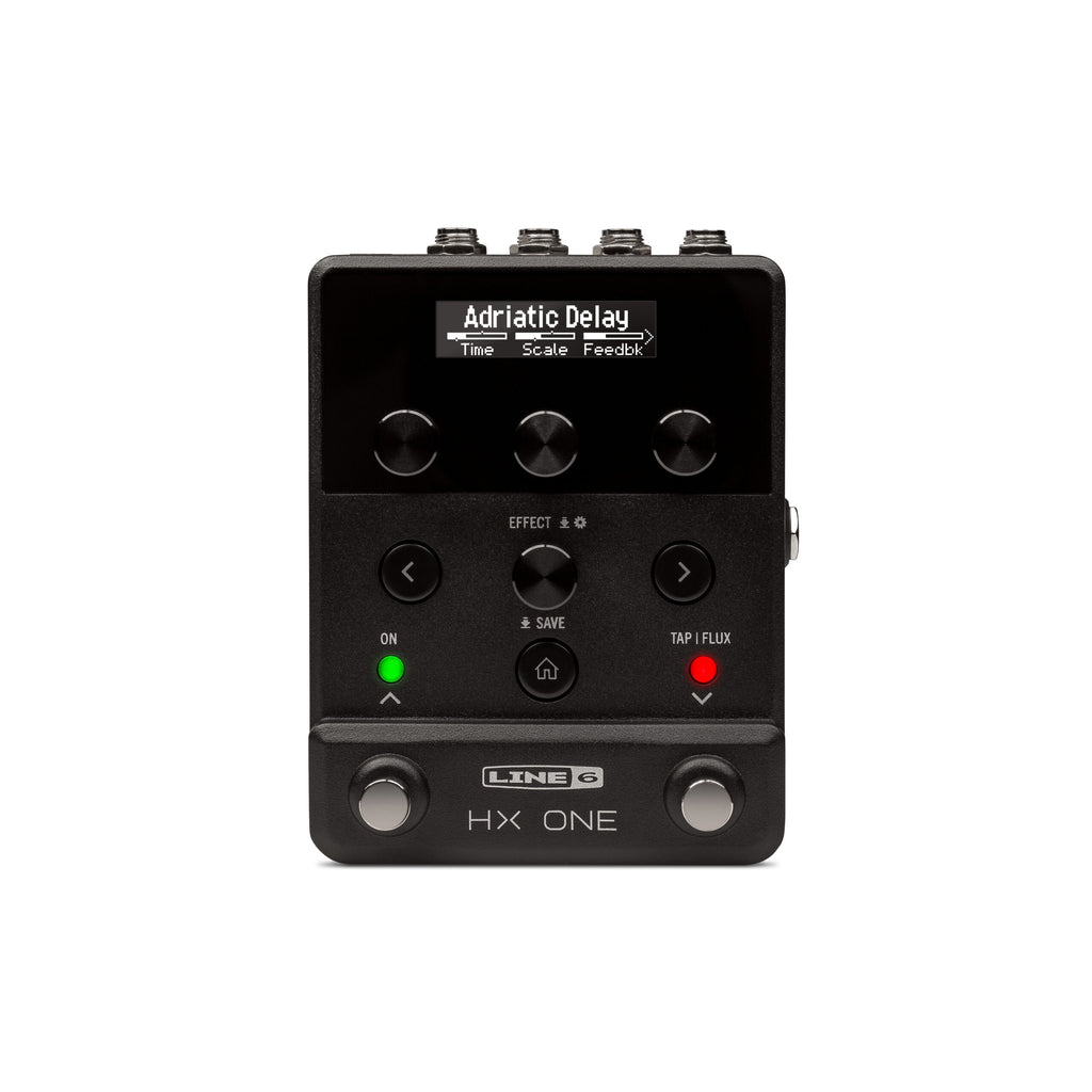 Front view of a black Line 6 HX One multi-effects pedal showing knobs, buttons, footswitches, and a screen with effect settings.